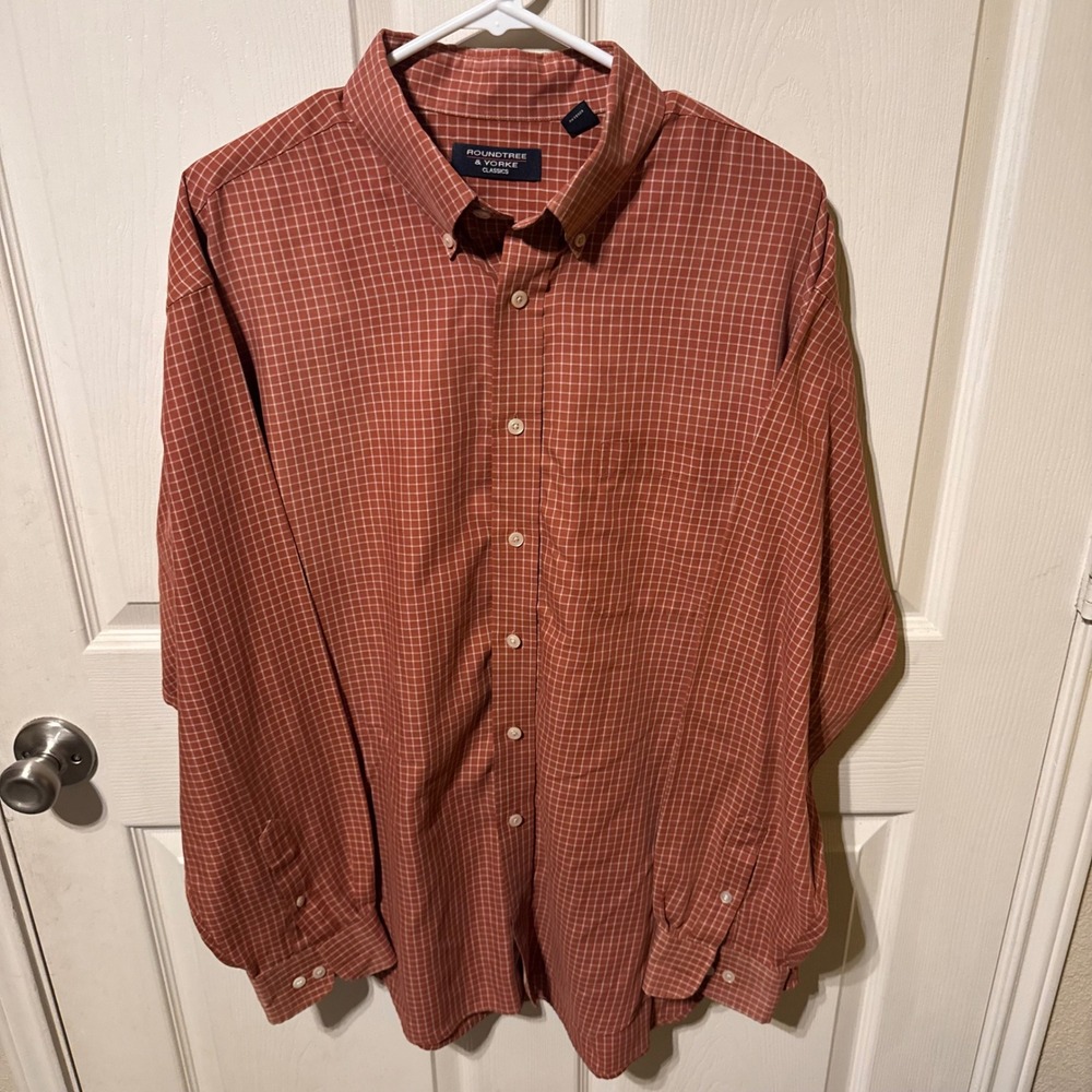 Roundtree & Yorke Classics Mens XL Burnt Orange Grid Long Sleeve Button Down